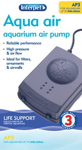Interpet Aqua Air Oxygen Pump for Aquarium Fish Tank Aeration, Quiet, Powerful, 2 Outlets, AP3 for Aquariums 101-150 Litre