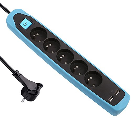 Electraline 35617 Steckdosenleiste mit 5 Steckdosen und 2 USB Decke Silikon Schutz gegen Auswirkungen, blau, 2 m