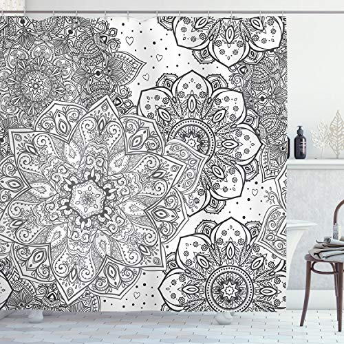 ABAKUHAUS Mandala Duschvorhang, Eastern Floral, Stoffliches Gewebe Badezimmerdekorationsset mit Haken, 175 x 180 cm, Weiß und Grau