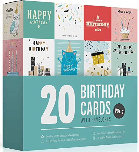 Birthday Cards Multipack of 20 Assortment Vol 1 Eco Friendly | Suitable Women Men Kids