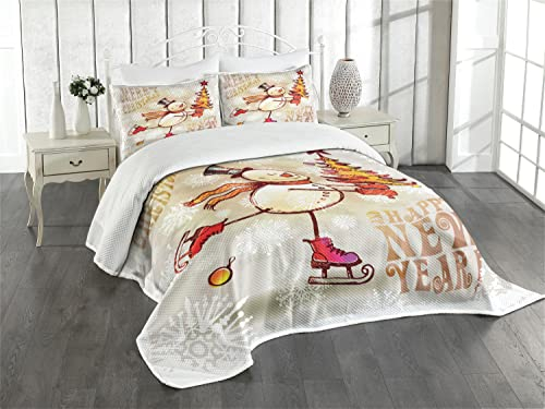 ABAKUHAUS Weihnachten Tagesdecke Set, Skating Happy Snowman, Set mit Kissenbezug farbfester Digitaldruck, für Einzelbetten 170 x 220 cm, Rot Beige