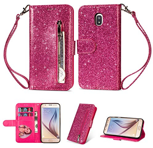 Artfeel Reißverschluss Brieftasche Hülle für Samsung Galaxy J5 2017/J530, Bling Glitzer Leder Handyhülle mit Kartenhalter,Flip Magnetverschluss Stand Schutzhülle mit Tasche und Handschlaufe-Rose Rot