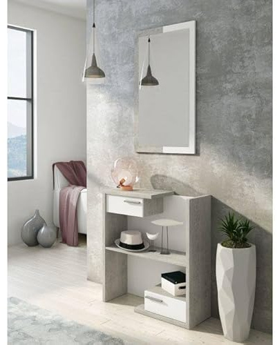 Dmora - Hallway furniture with mirror, entrance hall with drawers, Pocket emptier for small apartments, cm 80x28h170, White and Cement color