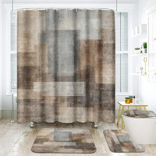 ArtSocket 4-teiliges Duschvorhang-Set, Beige Grau, abstraktes Gemälde, Braun mit rutschfesten Teppichen, WC-Deckelbezug und Badematte, Badezimmer-Dekor-Set, 183 x 183 cm, 4 Stück