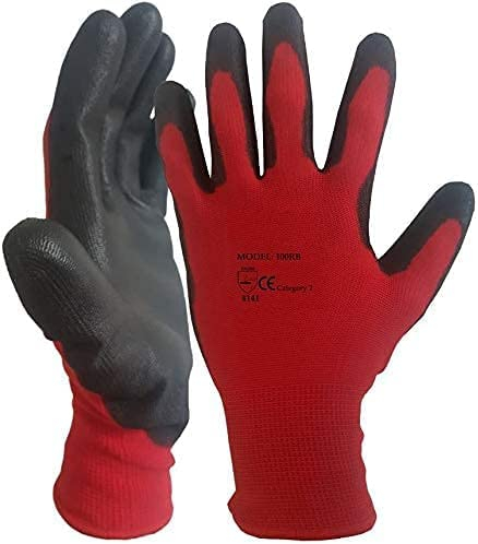 A406 12 Pairs Red Black Nitrile Coated Gloves Nylon Safety Work Gloves Garden Gloves Builders Gloves Mens Gardenin (Small/7)
