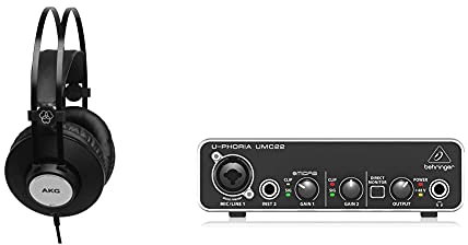 AKG K72 Closed Back - Cuffie Da Studio, Impedenza 32 Ohm, Nero (Matte Black) & Behringer U-Phoria Umc22 Interfaccia Audio Usb 2X2 Audiophile Con Preamplificatore Microfonico Midas, Nero