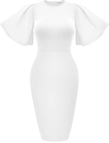 Memoriesea Damen Basic Bodycon Rüschen Ausgestellt Kurzarm Bleistift Midi Kleid, Weiss/opulenter Garten, Groß