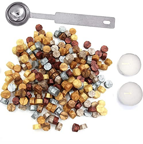 Siegelwachs Kit, 200pcs Siegellack Perlen, Achteckig siegelwachs Mit 2 Kerzen und 1 Schmelzlöffel für Stempel Versiegelung,Geschenkverpackung, Hochzeitseinladungen,Persönliches Kuvert(Gemischte Farbe)
