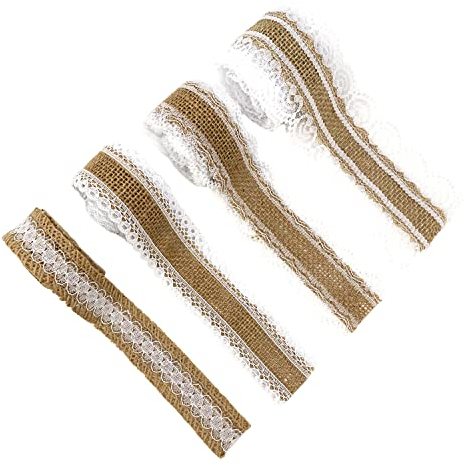 Oblique Unique® 4 Jute Band Rollen mit Spitzenbordüren Deko Bänder mit Spitze Naturfarben Tischdeko für Geburtstag Hochzeit Garten Party DIY Basteln