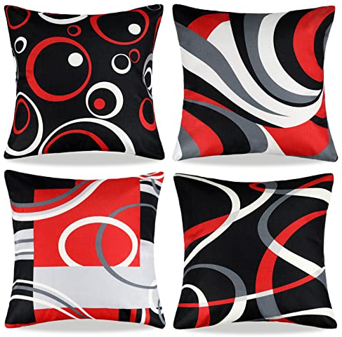 Schwarz Rot Kissenbezug 40x40 CM Abstrakter Dekorative Kissenbezüge 4 Stück Set Moderner Sofakissen Geometrischer Zierkissen Streifen Kunst Quadrat Winter Outdoor Kissen Für Sofa Home Dekor
