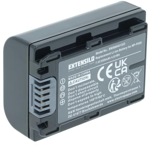 EXTENSILO Batterie Compatible avec Sony HDR-SR12 | HDR-SR12E, HDR-SR37E, HDR-SR37, HDR-SR7(E), HDR-SR5(E) appareil photo (650mAh, 7,2V, Li-ion)