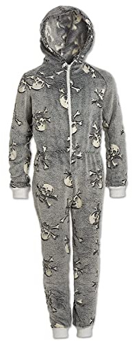 Camille Childrens Super Soft Fleece Onesie - Glow In The Dark Hooded All In One - Long Sleeved and Full Length with Elasticated Cuffs and Ankles Grey Skull 12-14 Years