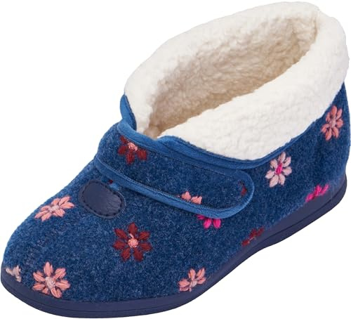 Cosyfeet Dreamy - Navy Floral Embroidered - 3-6E - Extra Wide Women's Slippers