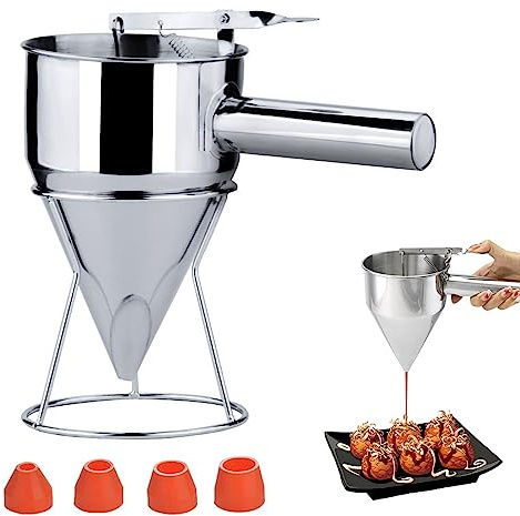 19mm Loch Stainless Steel Baking Funnel, Pfannkuchen Teigspender, Kolbentrichter, Backtrichter, Edelstahl Teigportionierer, Edelstahl Teig Spender mit Rack, für Home Kitchen Bäckerei(1200ml）