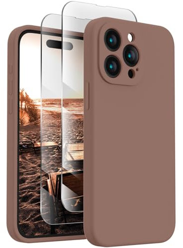 FireNova Designed for iPhone 15 Pro Case, Silicone Upgraded [Camera Protection] Phone Case with [2 Screen Protectors], Soft Anti-Scratch Microfiber Lining Inside, 6.1 inch, Light Brown