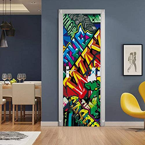 Türfolie Türtapete Türposter Selbstklebend 3D Fototapete Klebefolie Tür Mit Motiv Türaufkleber Kinderzimmer Bunte Graffiti-Buchstaben 95 X 215 Cm