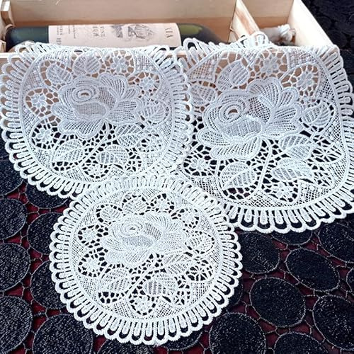4er Set Platzsets Weiße Spitze Handarbeit Geklöppelt Spitzendeckchen Häkeldeckchen Tischdecke Tischsets mit Blumenmuster Runde Gestickte Untersetzer für Tassen,Getränke,Schalen,Töpfe,Teller,Vasen 30cm