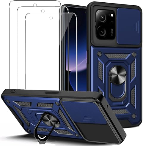 KUSINHOKA Hülle für Xiaomi 13T/13T Pro mit 3 Stück Panzerfolie, [360 Grad Ring Ständer][Kameraschutz] Weich TPU Stoßfest Hart PC Rückseite Kratzfest Rüstung Schutzhülle Handyhülle, Blau