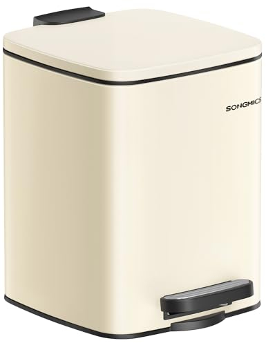 SONGMICS Poubelle de Salle de Bain, Corbeille à Déchets à Pédale avec Couvercle, 6 L, pour les Petits Espaces, Fermeture en Douceur, en Acier, Beige Sable LTB590A02