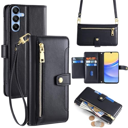 Hülle Kompatibel mit Samsung Galaxy A15 | Leder Handyhülle Praktische Handykette Kartenfächer Brieftasche Umhängetasche Kompatibel für Galaxy A15 | Schwarz
