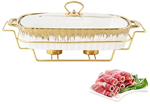 SmPinnaA Ceramics Chafing Dish Buffet Set, Underglaze Rectangle Buffet Chafers W/Glass Transparent Lid & Chafing Fuel Holder, Winter Food Warming