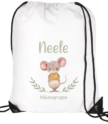 Striefchen Sportbeutel für Kinder mit Tiermotiv-Aufdruck, Polyester, 34 x 45 cm, waschbar bis 30°C, wasserabweisend (Maus)