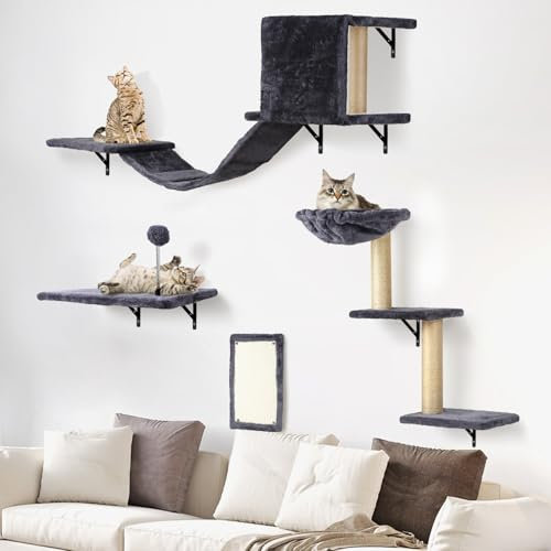 Katzen kletterwand Set XXL mit Katzenbaum Hängematte,Katzenhöhle Wand,Katzenbrücke,Kratzbrett und Katzen Wandelemente - 4-Teiliges Holz Katzenmöbel (Rauchgrau)
