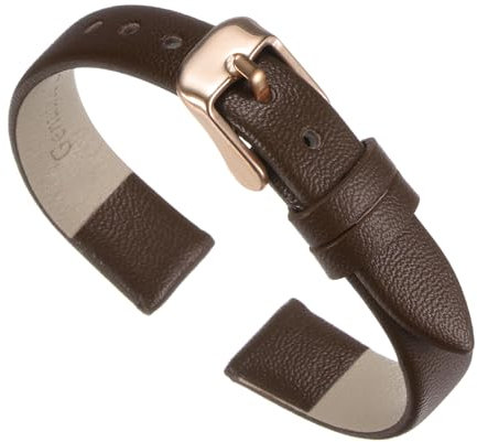sourcing map Dark Brown Genuine Leather Band 18mm Width, Flat Thin Elegant Leather Watch Strap Rose Gold Buckle for Men and Women