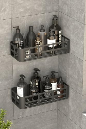 Generisch 2-er Set Duschablage ohne Bohren mit 4 Haken-Duschregal Schwarz-Duschkorb-Organizer-Badregal