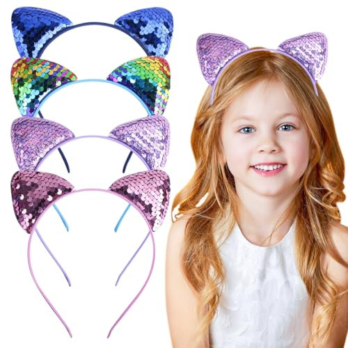 SULIUDAJI Lot de 4 bandeaux à oreilles de chat à paillettes, accessoires pour enfants et filles, adaptés à la vie quotidienne et à la décoration de fête