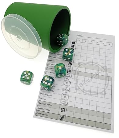 DiceCupFlex - Flexibler Würfelbecher mit Deckel inkl. 5 Würfel und Würfelblock, Spielblock - Made in Germany (Dunkelgrün)