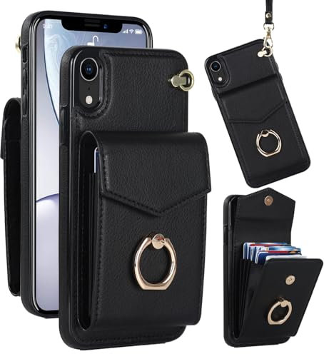 Knoowcase for iPhone X Case iPhone XS Phone Case Shockproof Wallet Case with Card Holder Slots Ring Wrist Strap PU Leather Shell RFID Blocking Kickstand Magnet Full Protective Cover, Black