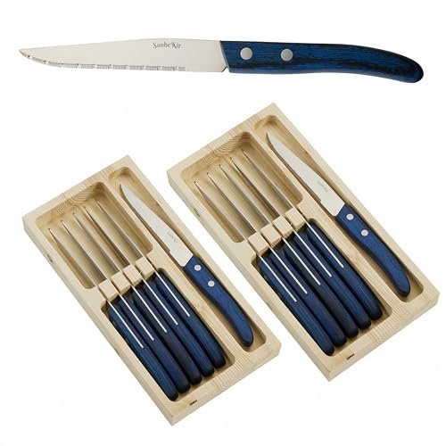 SanheKit Set di Coltelli da Bistecca, 12 Pezzi, Manico in Legno Paka Blu, Lama Seghettata 21,5 cm, con Scatola in Legno