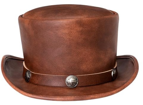 Kalastussaari Magierhut, Braun, Steampunk Top-Hut für Männer und Frauen, Formeller Kurzer Rand, PU Leder, Unisex, Erwachsene, Fantasy- und Steampunk-Enthusiasten, Cosplayer