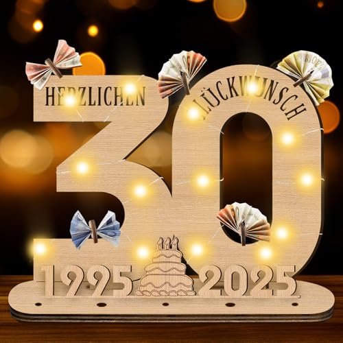 GothicBride 2025 Geschenke 30 Geburtstag Frau, 30 Geburtstag Frauen Holz-Schild mit LED, 30 Geburtstag Männer Gästebuch Geburtstag Geldgeschenke Geburtstag Deko, Personalisierbares Geschenk