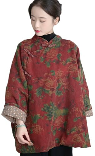 NFYM Veste chinoise à col montant pour femme, motif floral, style cheongsam, style cheongsam traditionnel, rembourré, Fleur - Rouge, taille unique plus