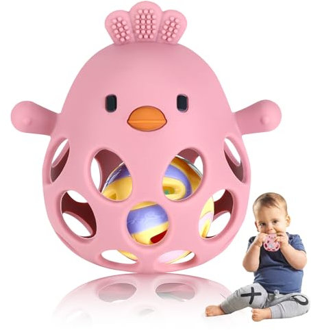 Collazoey Teething Ring Baby Toy, Greifball Für Babys, Montessori Spielzeug Baby, BPA-Free Zahnungshilfe & Greifball, Silicone Rattle Toy, Geschenk Für Babys Von 3-18 Monaten (Light Pink)
