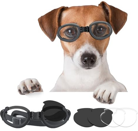 Billionchains Hundebrille Einstellbar Sonnenbrille Winddicht Hund Motorradbrille Austauschbaren Gläsern (Schwarz +Klar) Hundebrille für Mittlere bis Große Hunde