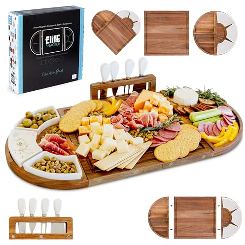 Large Wooden Charcuterie Board Set (Sealed Clear Finish) - 3-Piece Magnetic Long Serving Board Tray with Charcuterie Accessories - Acacia Wood Cheese Platter with Cheese Knife Set & Dishes - Brown