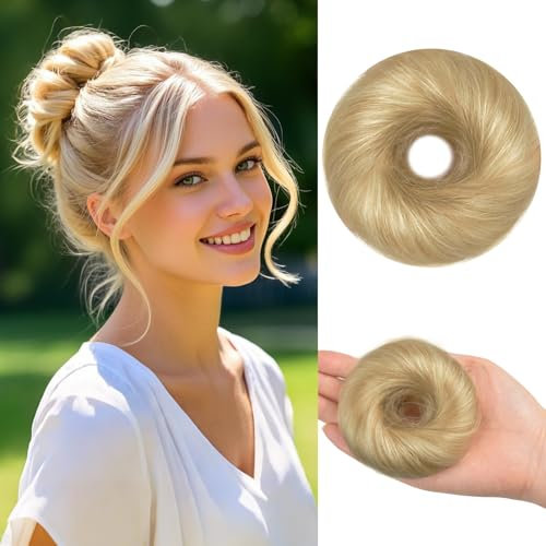 Haarteil mit Gummiband Echthaar Haarteil Straight Haaren Donut für Damen Mädchen Haare Bun Pferdeschwanz（Platin Blond）