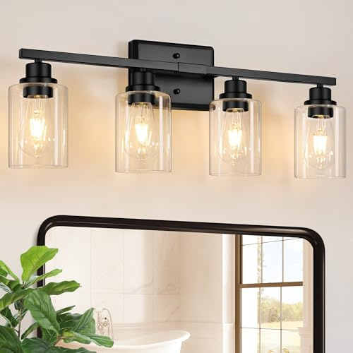 Unicozin Modern Bathroom Light Fixtures, 4 Light Vanity Lights Over Mirror, Black Wall Lamp with Clear Glass for Living Room Cabinet Bedroom Porch