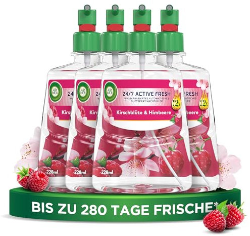 Air Wick Active Fresh – Aeorosolfreier, automatischer Lufterfrischer – Raumduft Kirschblüte & Himbeere – 4 x 228 ml Nachfüller