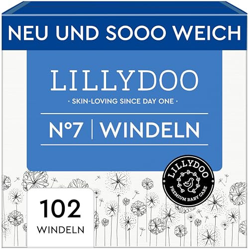 LILLYDOO hautfreundliche Baby Windeln - Größe 7 (15+ kg),Monatsbox (102 Stück), Sicherer Auslaufschutz, Weich, Parfümfrei, Ohne Lotionen & Farbstoffe für empfindliche Haut, Dermatologisch getestet