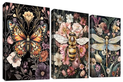 3Pcs Dunkelgrüne Libelle Blumen Leinwand Bilder Mit Rahmen Gothic Schmetterling Bilder auf Leinwandbilder Malerei Hochschule Biene Wandbilder Wohnzimmer Schlafzimmer Badezimmer Wanddeko 30x40cm x3pcs