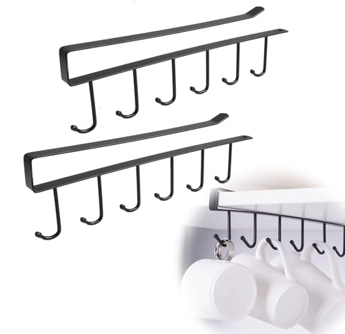 Aifrymne 2 Pcs Black 6 Hooks Cup Holder Under Cabinet, Each Durable Iron Mug Storaaage Racks for Home, Coffee Shops, Bars Space-Saving, Easy Installation with Adhesive Screws Included