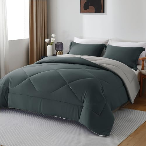 beeweed Coverless Duvet King 10.5 Tog 230x220cm, Charcoal Grey & Light Grey, Lightweight Quilt Set with 2 Zipper Pillowcases, Soft Microfiber Cosy Comforter for All Seasons, Machine Washable