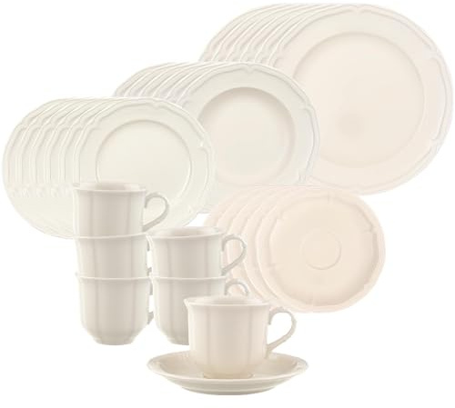 Villeroy & Boch Manoir Kombiservice, 30-teilig, Kombi-Set für 6 Personen mit Kaffeetassen, Untertassen, Frühstücks-, Suppen- und Speiseteller, Spülmaschinen- & Mikrowellenfest, Premium Porzellan, Weiß