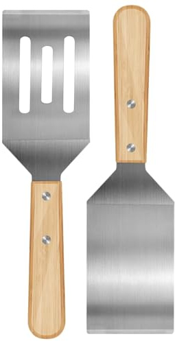 2 Pieces Stainless Steel Spatula Set,Cast Iron Skillet,Metal Spatula for Cooking with Wooden Handle,Metal Spatulas for Kitchen use for Pancakes,Frying Steak,Burger and Desserts