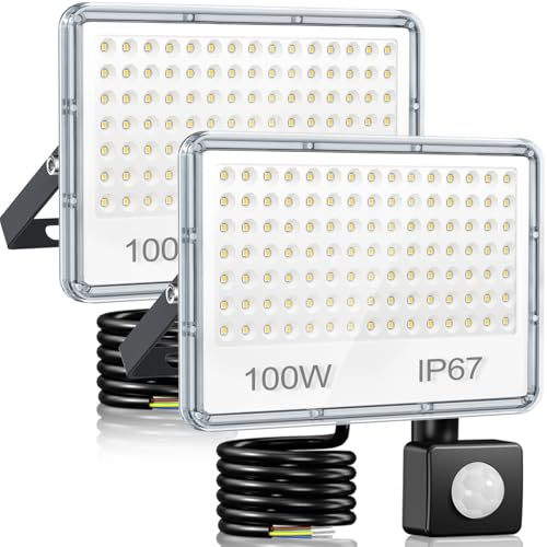 YIQIBRO 100W LED Strahler mit Bewegungsmelder Außen für Garten - 2 Stück | 10000LM LED Scheinwerfer mit Bewegungsmelder, 6500K Kaltweiß Außenstrahler, IP67 Wasserdichte Fluter für Lager Garage Keller