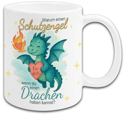 Maus-Design Tasse Warum einen Schutzengel wenn du einen Drachen haben kannst | Geschenk Beschützer Freunde Geburtstag | Handgemacht in Deutschland | Weiß